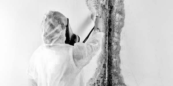 commercial mold remediation technician workin on moldy wall